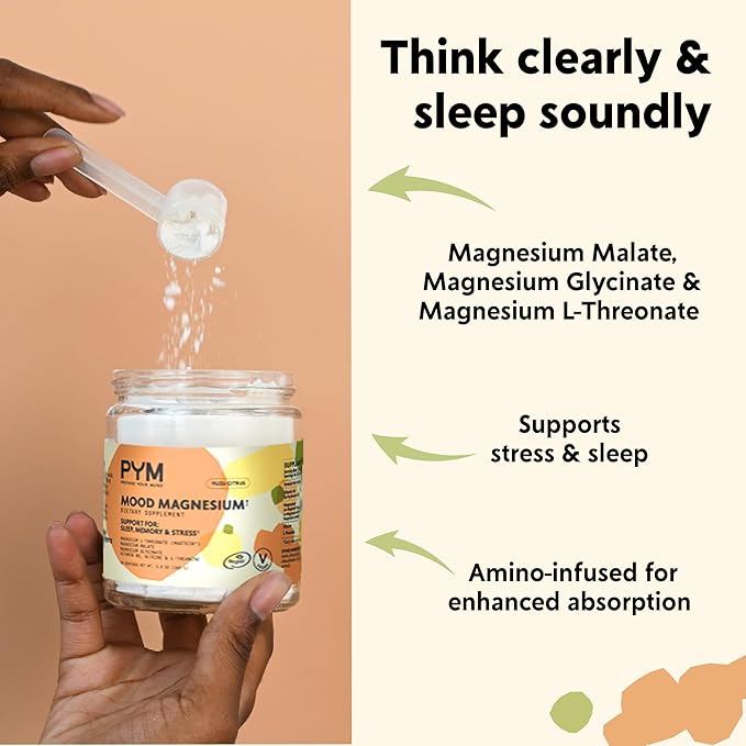PYM Mood Magnesium Powder to Support Stress &amp Better Sleep 30 servings - Magnesium Glycinate Magnesium Malate &amp l-Threonate Yuzu Citrus | Non-GMO Vegan Gluten-Free | All Natural Made in