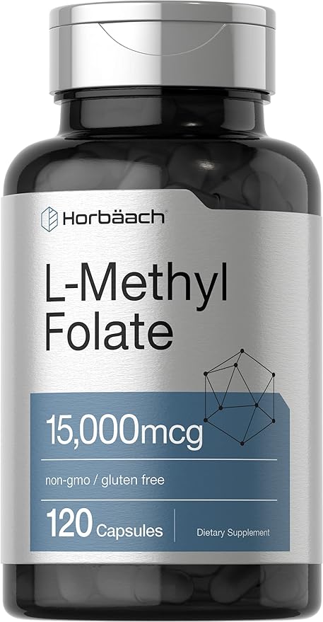 Horbäach L Methylfolate 15000 mcg | 120 Capsules | 15mg Methyl Folate | 5-MTHF | Non-GMO Gluten Free Supplement