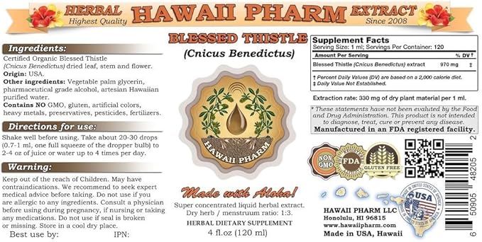 Hawaii Pharm Blessed Thistle (Cnicus benedictus) Liquid Extract 4x4 oz