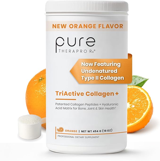 Pure Therapro Rx TriActive Collagen+ Orange Collagen Powder for Hair Skin Nails Bones &amp Joints Hydrolyzed Collagen Powder w/Patented Peptides - Multi Collagen Protein Powder 30 Servings (Ora