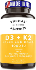 Thomas' all-natural Remedies D3 + K2 with MCT Oil for Better Absorption &amp Raw Whole Food Blend 1000 IU D3 Vegan Made in USA Support for Your Heart Bones &amp Teeth Non-GMO (120ct)