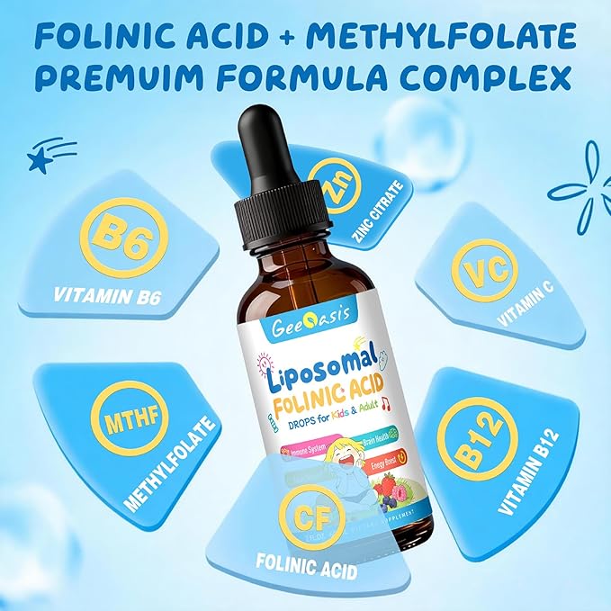 Liquid Folinic Acid &amp Methylfolate Drops for Kids Folic Acid Supplement with Methylated B12 for Women with Zinc Citrate Vitamin B6 &amp C Support for Brain Focus &amp Cellular Health MTHF