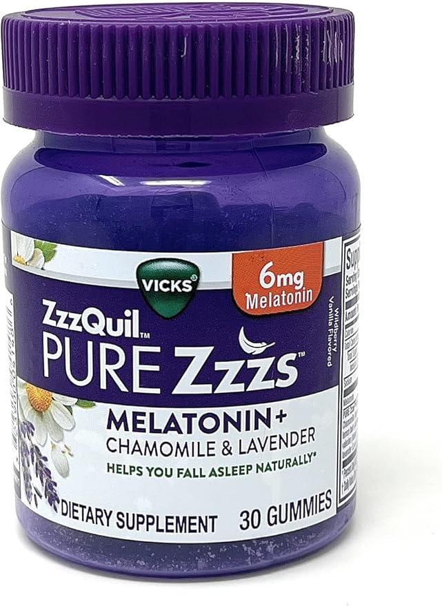 ZzzQuil Pure Zzzs Melatonin Natural Flavor Sleep Supplement Gummies with Chamomile Lavender &amp Valerian Root 6mg per Serving 30 Gummies (Pack of 2)