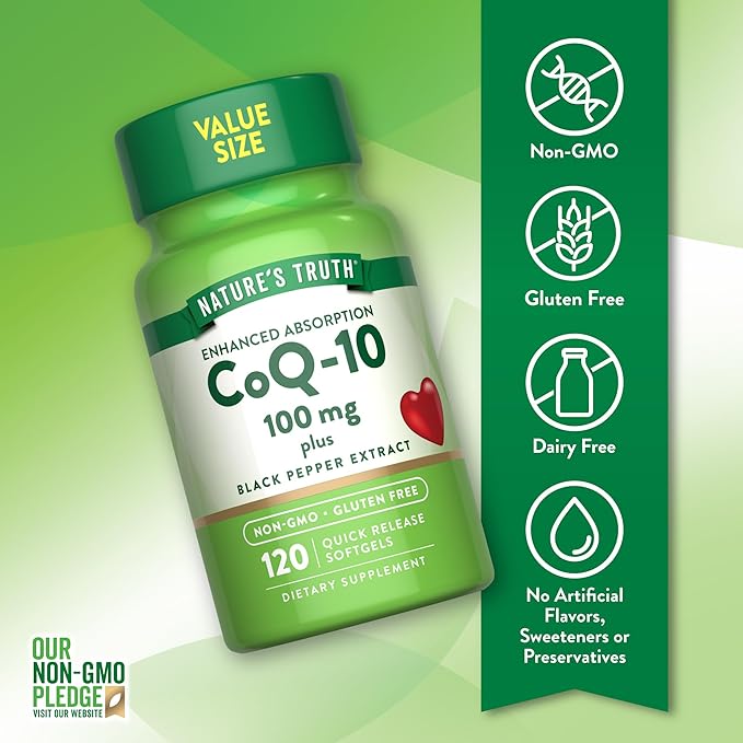 Nature's Truth CoQ10 100mg | 120 Softgels | High Absorption | Non-GMO &amp Gluten Free Coenzyme Supplement | with Black Pepper Extract