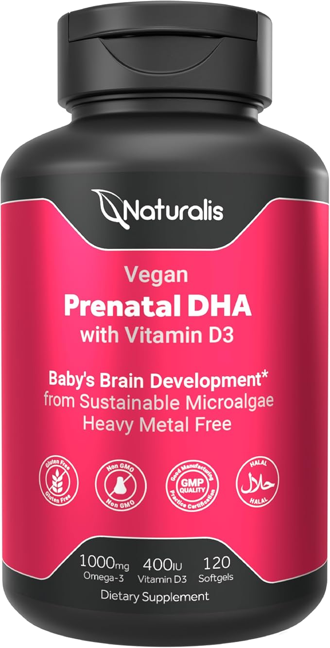 Naturalis Vegan Prenatal with Full Specrum Omega-3 | Algae DHA EPA DPA Vitamin D3 &amp Active Folic L 5-MTHF | Vegan Society Certified Sustainably Sourced Non-GMO &amp Soy Free | 120 Veggie Sof