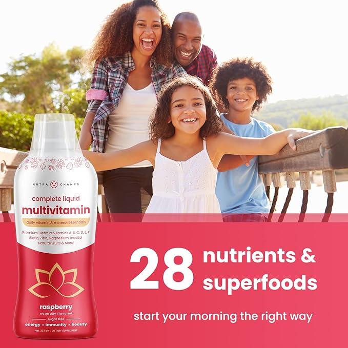 Liquid Multivitamin for Women Men &amp Kids | Sugar Free Liquid Vitamins | Vitamin A B C D E K Biotin Zinc Magnesium | Energy Beauty Immune Support Supplement | Vegan Natural Raspberry
