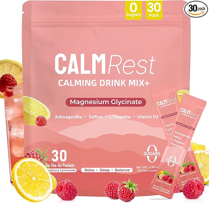 Calm Magnesium Powder Cortisol Supplement for Women Supports Sleep Stress Relief &amp Relaxation with Ashwagandha Saffron L Theanine Vitamin D3 No Sugar 30Ct Raspberry Lemonade