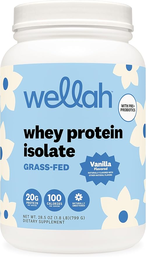 Wellah Grass-Fed Whey Protein Isolate Powder (Vanilla) 30 Servings - with Prebiotics Enzymes &amp Probiotics 20g of Protein 100 Calories Naturally Sweetened