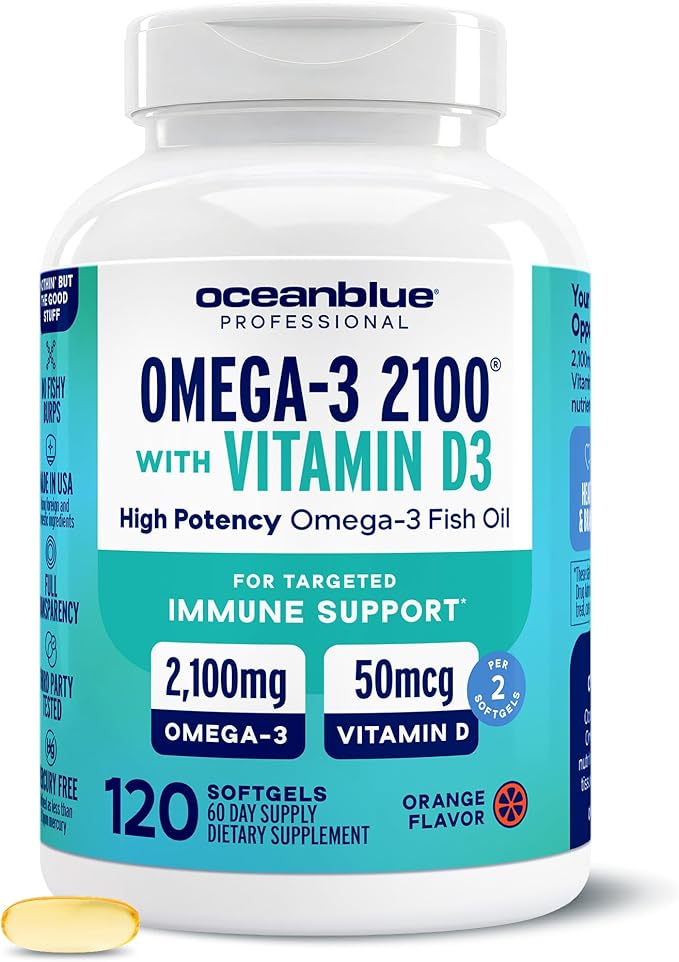 Oceanblue Professional Omega-3 2100 with Vitamin D3 – 120 ct – Triple Strength Burpless Fish Oil Supplement with High-Potency EPA DHA DPA and Vitamin D3 – Wild-Caught – Orange Flavor (60 Servings)