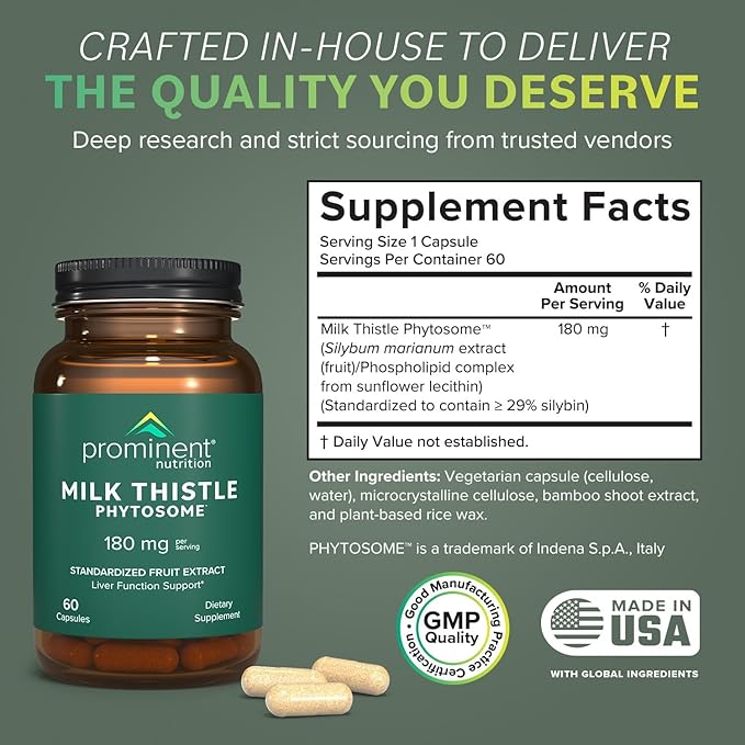 Prominent Nutrition Milk Thistle Phytosome Clinically Researched Siliphos Milk Thistle Extract for Liver Function Detox and Cleanse Support Standardized to 29% Sylibin 180 mg 60 Capsules -1 Pack