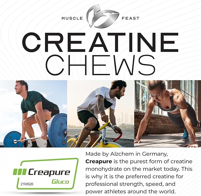 Muscle Feast Creatine Monohydrate Chewables - Vegan &amp Gluten-Free Creapure Creatine Chews for Men &amp Women - Delicious Citrus-Flavored Creatine Tablets for Muscle Building - Lemon Lime 120 Tab