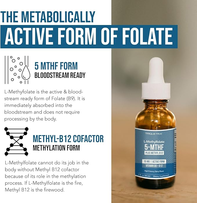 L Methyl Folate 15mg Plus Methyl B12 Cofactor – Organic Berry Flavor High Potency Liquid Sublingual Active 5-MTHF Form - Supports Mood Methylation Cognition – Bioactive Forms Vitamin B9 &amp B12 (