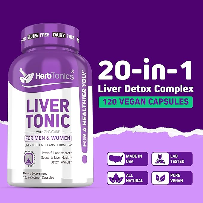 Herbtonics Liver Cleanse Detox &amp Repair Supplement with Milk Thistle &amp Artichoke 20-in-1 Liver Support Formula Energy &amp Overall Health | Dandelion Turmeric Berberine | 120 Vegan Capsule