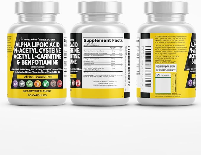 Alpha Lipoic Acid 600mg N-Acetyl Cysteine 600mg Acetyl L-Carnitine 500mg Benfotiamine 300mg - Nerve Support Supplement for Women and Men with Vitamin B1 B6 &amp B12 - Made in USA 90 Caps