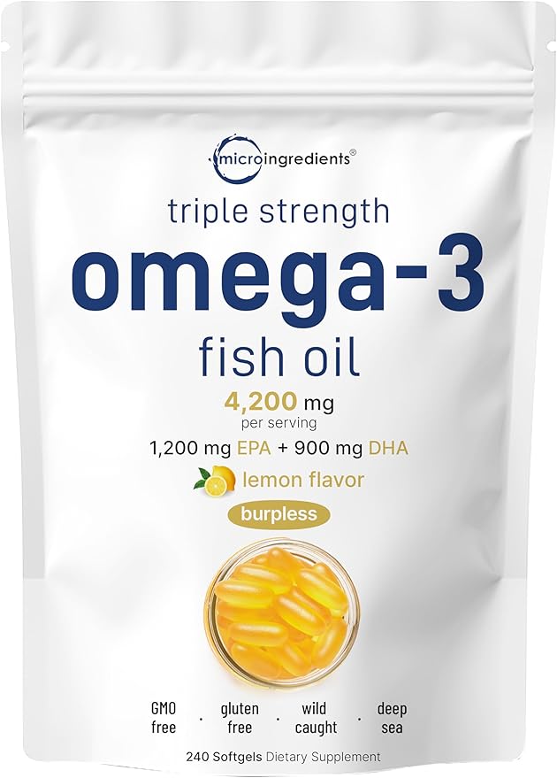 Micro Ingredients Triple Strength Omega 3 Fish Oil Supplements 4200mg Per Serving 240 Softgels – Lemon Flavored – Burpless | EPA 1200mg + DHA 900mg | Deep Sea Fish