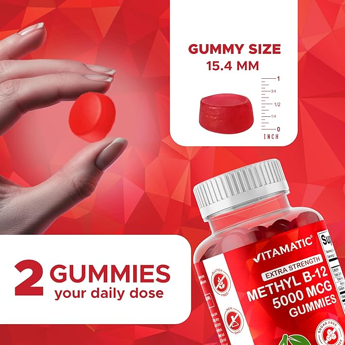 Vitamatic Extra Strength Vitamin B12 5000 mcg (Methyl B12) Gummies - 240 Count Natural Cherry Flavored