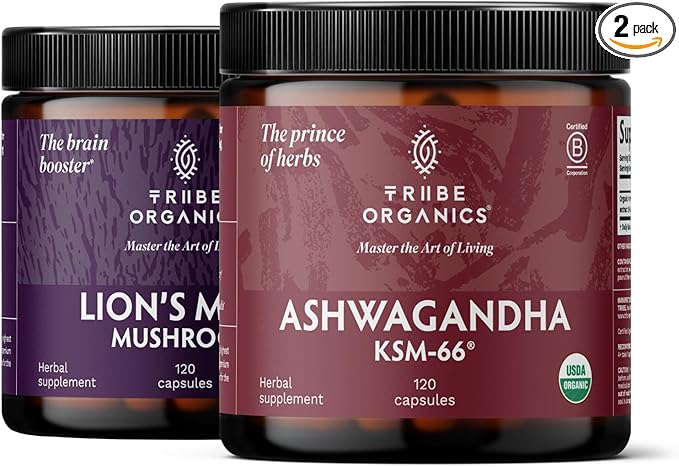 TRIBE ORGANICS NOOTROPIC Duo - KSM66 Ashwagandha + Organic Lion's Mane - Beyond Focus Mind Awareness and Mind Health