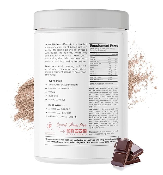Teami Wellness Vegan Protein Powder - Organic Ingredients (14 Servings 13.6 Ounce) Smooth Textured Chocolate Plant Based Protein Powder Low Net Carbs Non-GMO Dairy Free Soy Free No Sugar Added