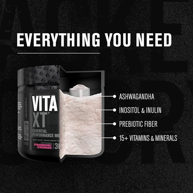 Jacked Factory Vita XT Performance Vitamin Powder - Daily Multivitamin Powder for Men with KSM-66 Ashwagandha Prebiotic Fiber Vitamin A C D K B6 B12 &amp More - Strawberry Lemonade 30Sv