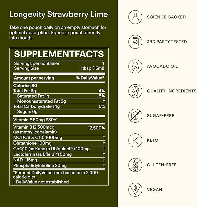 Longevity – Liposomal NAD+ Glutathione Supplement w/Liquid NAD+ CoQ10 B12 MCT &amp Avocado Oil – Cellular Health Energy Brain Gut &amp Heart Support* – Strawberry Lime – 30 Pouches