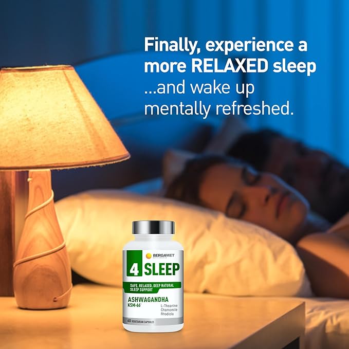 BergaMet 4 Sleep Support Formula with Ashwagandha KSM-66 Rhodiola Chamomile Extract &amp L-Theanine – Natural Aid for Restful Nights and Stress Relief with no Melatonin – 60 Capsules