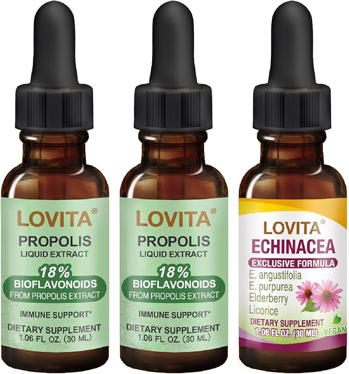 LOVITA Propolis &amp Echinacea Bundle - 2 Bee Propolis Drops &amp 1 Echinacea Extract with Elderberry Alcohol-Free Immune Booster (3 Pc Set)