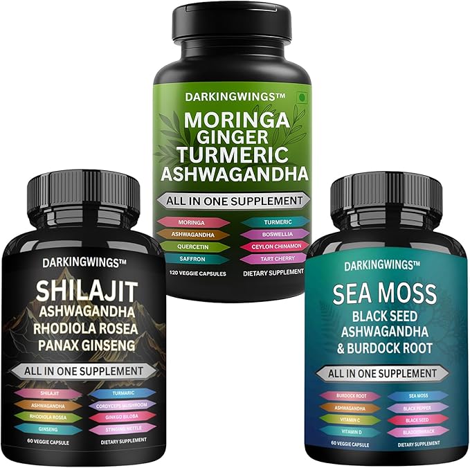 Shilajit Sea Moss and Moring for Men Combo Bundle Capsule with Ashwagandha Turmeric Curcumin Extract Supplement - Complete Vitality Formula