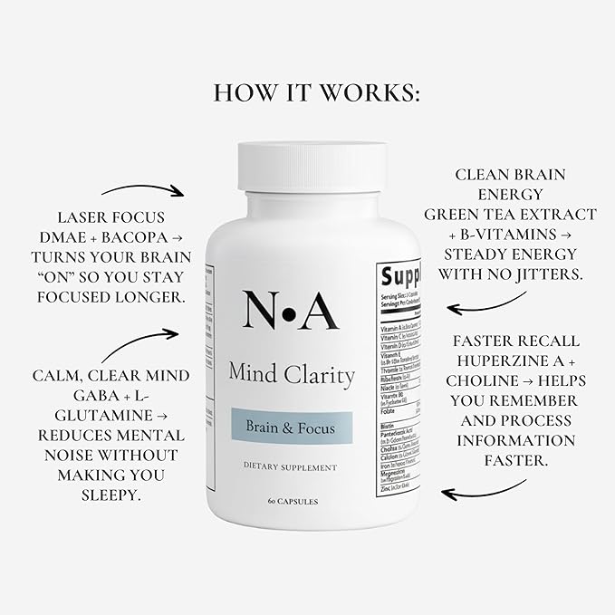 N•A Mind Clarity Brain Supplement - Nootropic for Memory Focus &amp Mental Clarity with DMAE GABA Bacopa Phosphatidylserine - Complete Multivitamin + DHA - 60 Veggie Capsules Made in USA