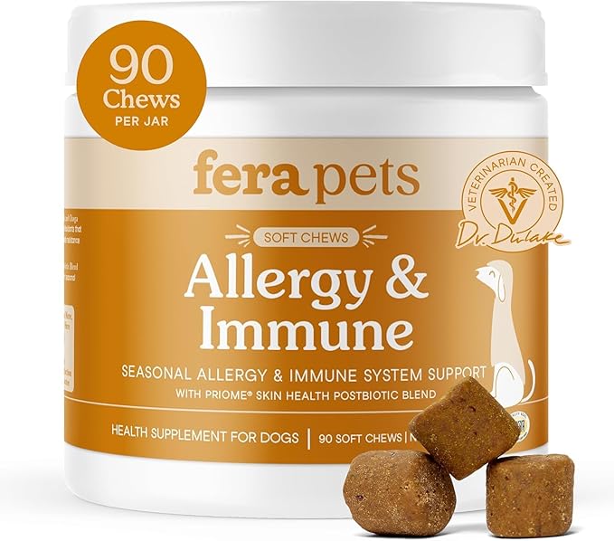 Fera Pets Dog Allergy Chews – Allergy Relief &amp Itching Skin Relief – Immune &amp Gut Support with Organic Mushrooms Postbiotics &amp Colostrum – Promotes Skin Health – 90 Soft Chews