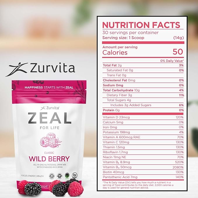 Zurvita - Zeal for Life 30-Day Wellness Bag - Wild Berry (Guarana Free) - Nutritional Supplement for Vitality Immunity and Wellness - 420 Grams