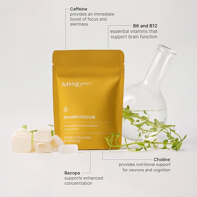 Nu Skin MYND360 Sharp Focus | 60 Capsules | Vitamin B12 &amp Vitamin B6 for Memory Focus and Clarity | Caffeine Infused Brain Health Supplement | Safe Daily Vitamin B Support for Boosted Concentrat