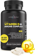 Livingood Daily Vitamin D3 K2 4000 IU Supplement 9-in-1 Dietary Supplement for Immune Support - Made with Vitamins D A E K2 Zinc Magnesium &amp Probiotic Blend for Maximum Absorption - 60 Capsu