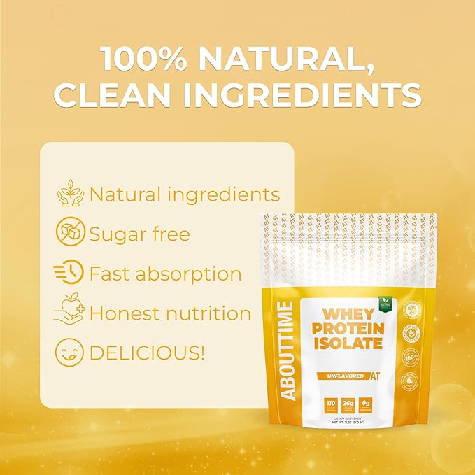About Time Unflavored Whey Protein Isolate Powder 26g Natural Ingredients Non-GMO Gluten-Free Lactose-Free No Artificial Sweeteners Low Carb 32 Servings