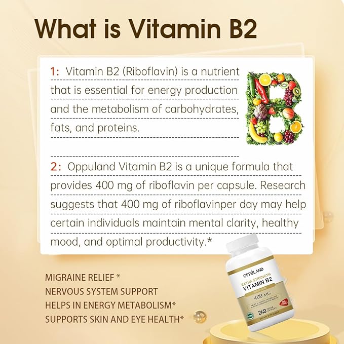 Riboflavin Vitamin B2 Supplement - B-2 Vitamin - Boosts Energy Metabolism &amp Cellular Function - Daily Nutritional Supplements for Men &amp Women - 400 mg Capsules - 240 Count