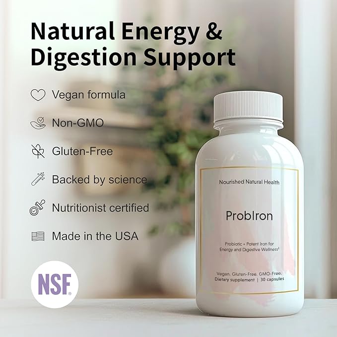 Nourished Natural Health ProbIron - Women's Probiotic + Iron Supplement Boosted with Vitamin C and Copper - Vegan Formula for Energy and Digestive Wellness - 90 Capsules