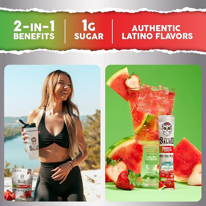 Salud 2-Pack | 2-in-1 Calm + Sleep (Punch) &amp Energy + Focus (Strawberry Watermelon) – 15 Servings Each Drink Mix Dairy &amp Soy Free Non-GMO Gluten Free Vegan Low Calorie 1g of Sugar