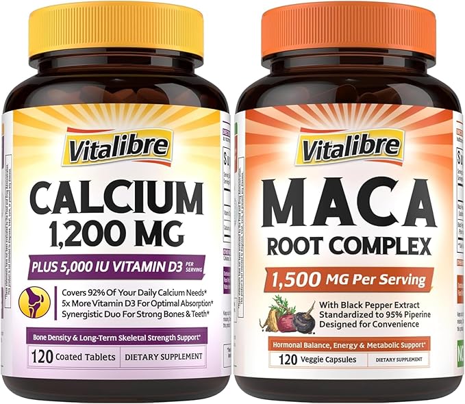 Calcium 1200mg Vitamin D3 5000IU 120 Tablets and Maca Root Capsules 1500mg 120 Capsules Bundle Non-GMO