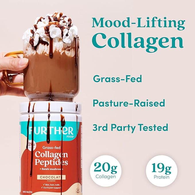 Further Food Chocolate Collagen Peptides Powder with Reishi Mushroom - 100% Grass-Fed Hydrolyzed Type 1 &amp 3 20g of Collagen per Serving Supports Skin Hair Nails &amp Joints 11.36 Oz