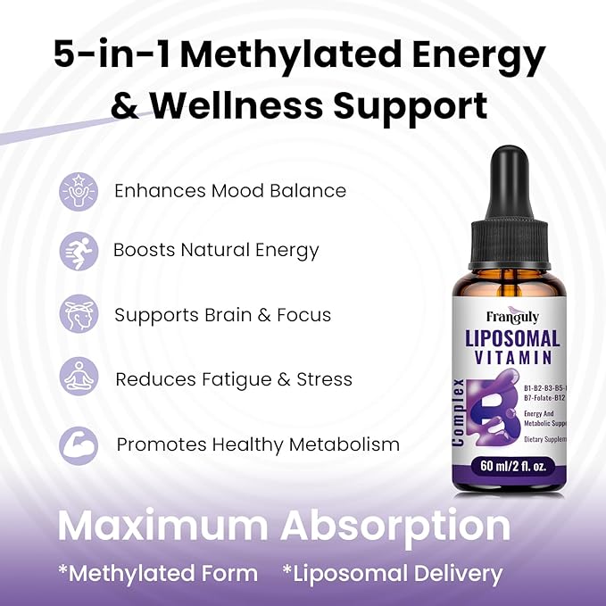 Liposomal Vitamin B Complex Liquid Sublingual B Complex Vitamins Supplement for Women Men Improved Absorption Methylated B12B1 B2 B3 B5 B6FolateBiotin for Energy And Immune Support-4.0 oz