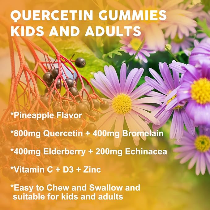 Quercetin Gummies with Bromelain for Adults &amp Kids - Immune &amp Seasonal Wellness Support 800mg Quercetin with Bromelain Zinc Elderberry Vitamin C &amp D3 - Sugar Free Vegan Pineapple Fla