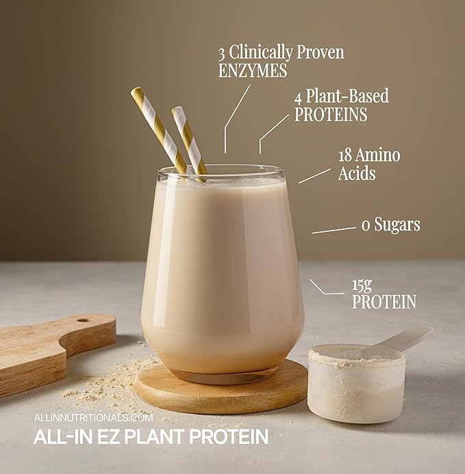 All In Nutritionals EZ Plant Protein Vegan Keto-Friendly Dairy-Free Soy-Free Gluten-Free in Chocolate Blend of Rice Peas Sacha Inchi and Pumpkin Seeds - NO Bloat - with Digestive Enzymes