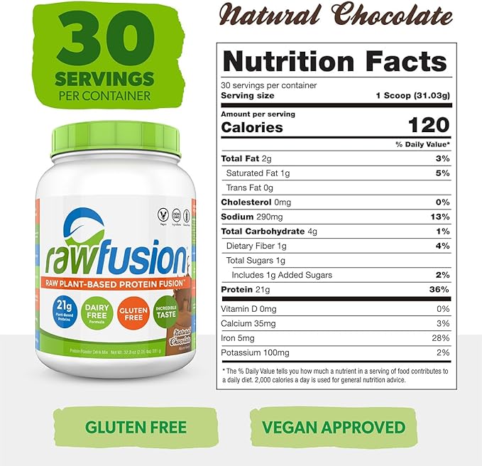 Rawfusion- Vegan Protein Powder Natural Chocolate - 30 Servings 21g of Plant Based Protein Low Net Carbs Non-Dairy Gluten/Lactose Free Soy Free Kosher Non-GMO 2lbs Pound