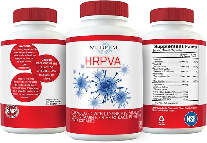 HRPVA Cold Sore Clear Skin Immune Support Supplements Vitamins Canker Sore Treatment L-lysine Olive Leaf Pancreatin B12 Vitamin C B-Complex Prunella Vulgaris Vitamin E ECHI