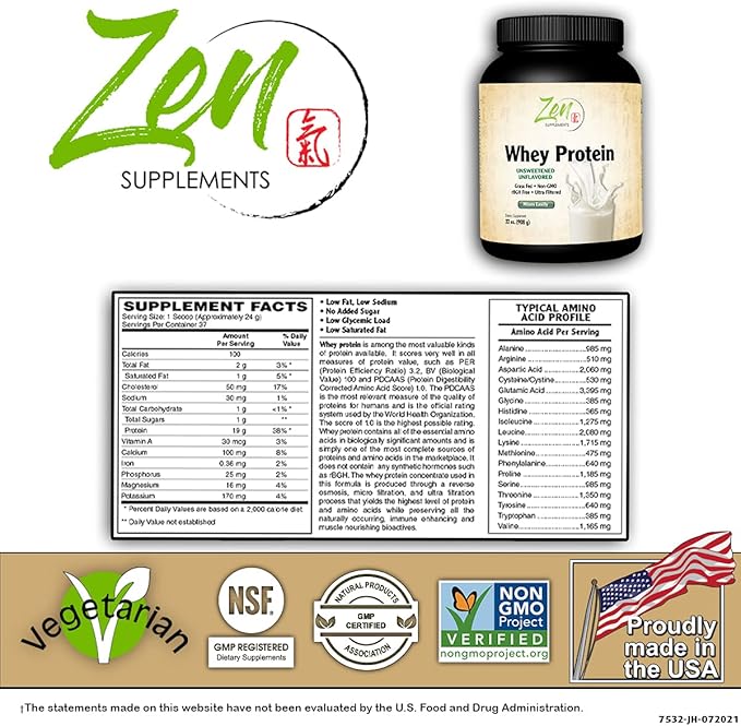 Zen Supplements - Organic Grass Fed Whey Protein 19g Per Serving Keto Friendly - Unflavored 32 Oz-Powder