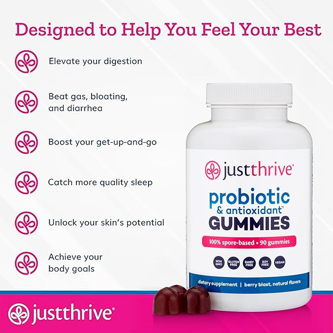 Just Thrive Probiotic Gummies - Kids Men and Womens Probiotic - for Digestive and Overall Health 90 Count