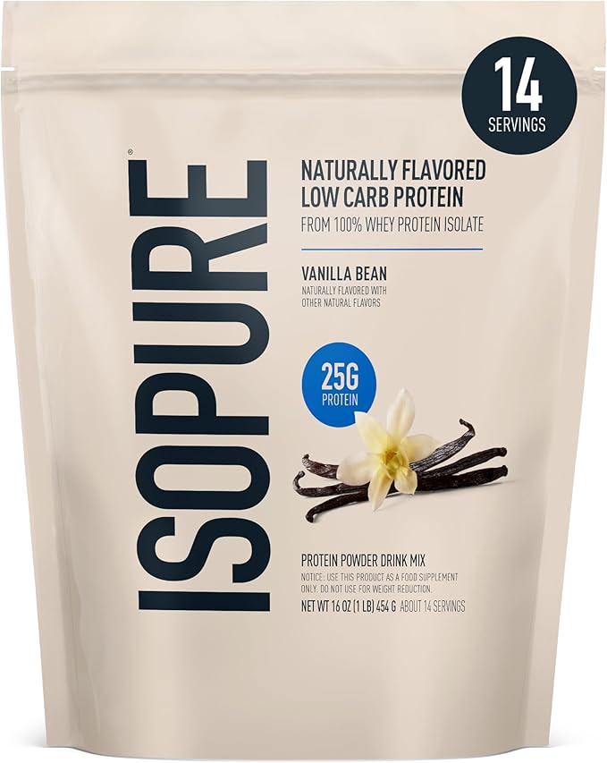 Isopure Low Carb 100% Pure Whey Isolate Protein Powder Lactose Free Gluten Free With Vitamins Vanilla Bean 25g Protein Per Serving 1 Lb 14 Servings (Packaging May Vary)