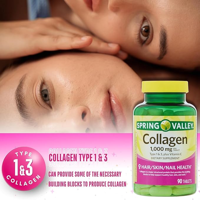Collagen Type 1 &amp 3 Plus Vitamin C Hair Skin Nails Health Dietary Supplement Tablets 1000 mg 90 Count by Spring Valley (Pack of 1) + VSL Sticker