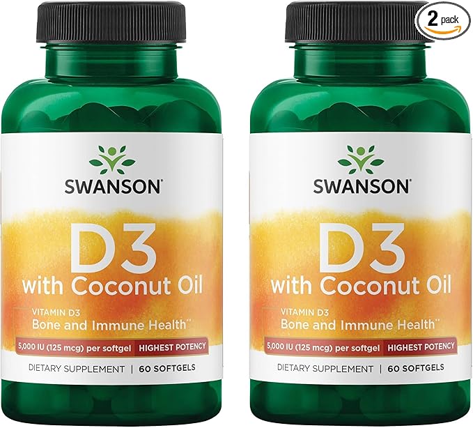 Swanson High Potency Vitamin D-3 w/Coconut - Natural Supplement Promoting Bone Health &amp Immune System Support - May Help Increase Calcium Absorption - (60 Softgels 125mcg Each) (2 Pack)