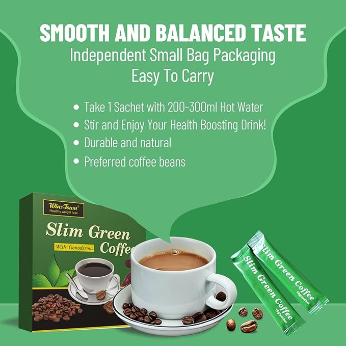 Premium Green Coffee with Ganoderma &amp Herbal Extracts - Energizing Instant Coffee Blend for Metabolism &amp Antioxidant Support 18 Sachets