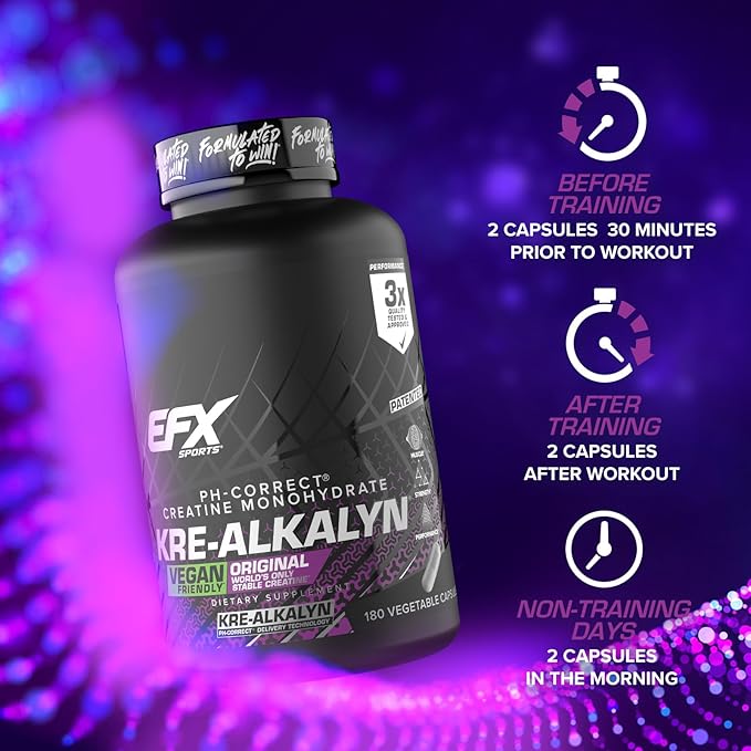 EFX Sports Kre-Alkalyn EFX | pH Correct Creatine Monohydrate Pill Supplement | Vegan Friendly | Strength &amp Muscle Growth | 90 Servings 180 Veggie Capsules